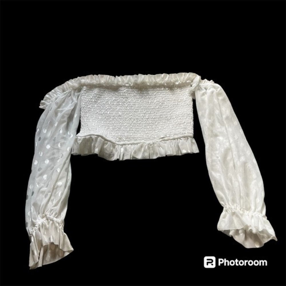 Illa Illa white cropped blouse shirt with mesh polka dot off the shoulder shirt